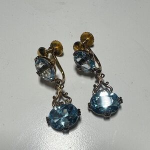 Vintage MFA Sterling Silver Light Blue Stone and Gold Drop Screw Back Earrings